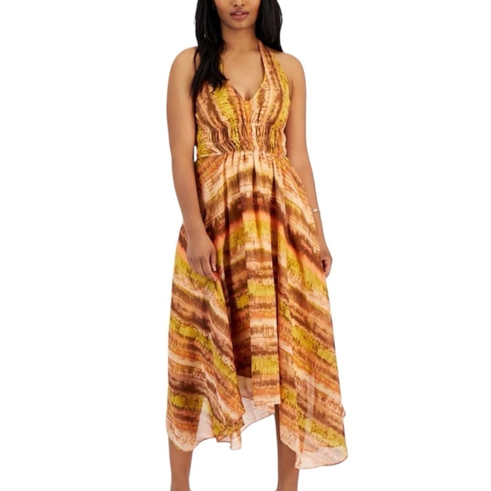 NWT TAYLOR Printed Sleeveless Smocked Halter Tie Asymmetrical Lined Dress Size 6